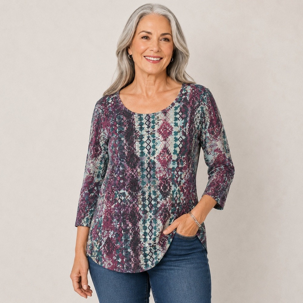 Pure Jill J Jill Pima Cotton 3/4 Sleeve Ikat Print Top Purple Teal Petite Small